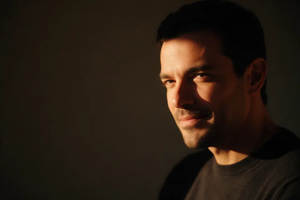 Homem de cerca de 38 anos, de barba rente, em retrato com luz quente lateral, sorriso leve e expressão tranquila