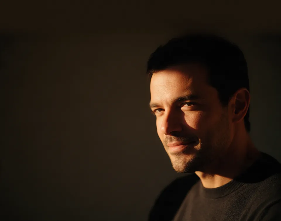 Homem de cerca de 38 anos, de barba rente, em retrato com luz quente lateral, sorriso leve e expressão tranquila