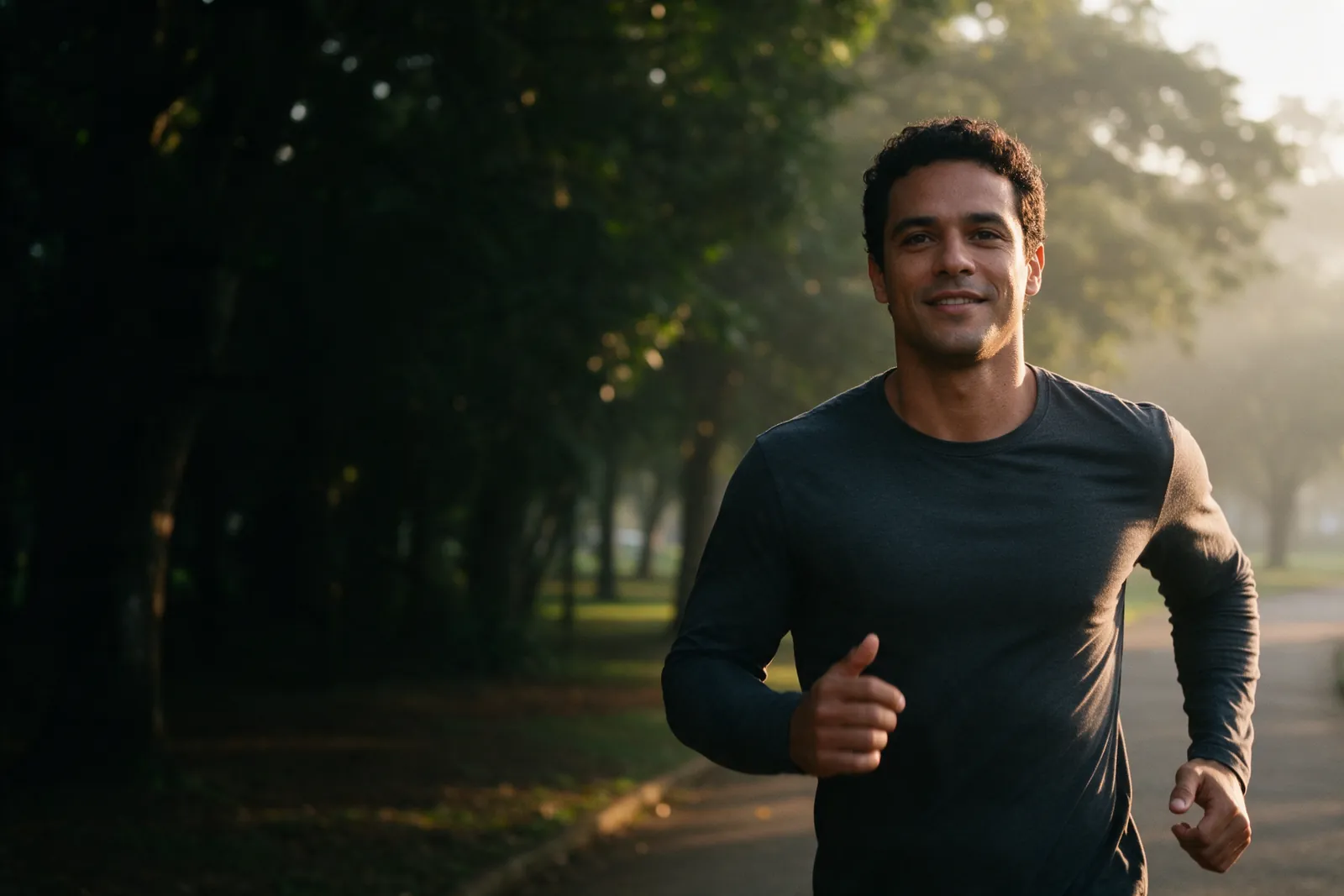 Homem de cerca de 40 anos caminha em ritmo firme num parque, sorrindo, com a luz dourada da manhã
