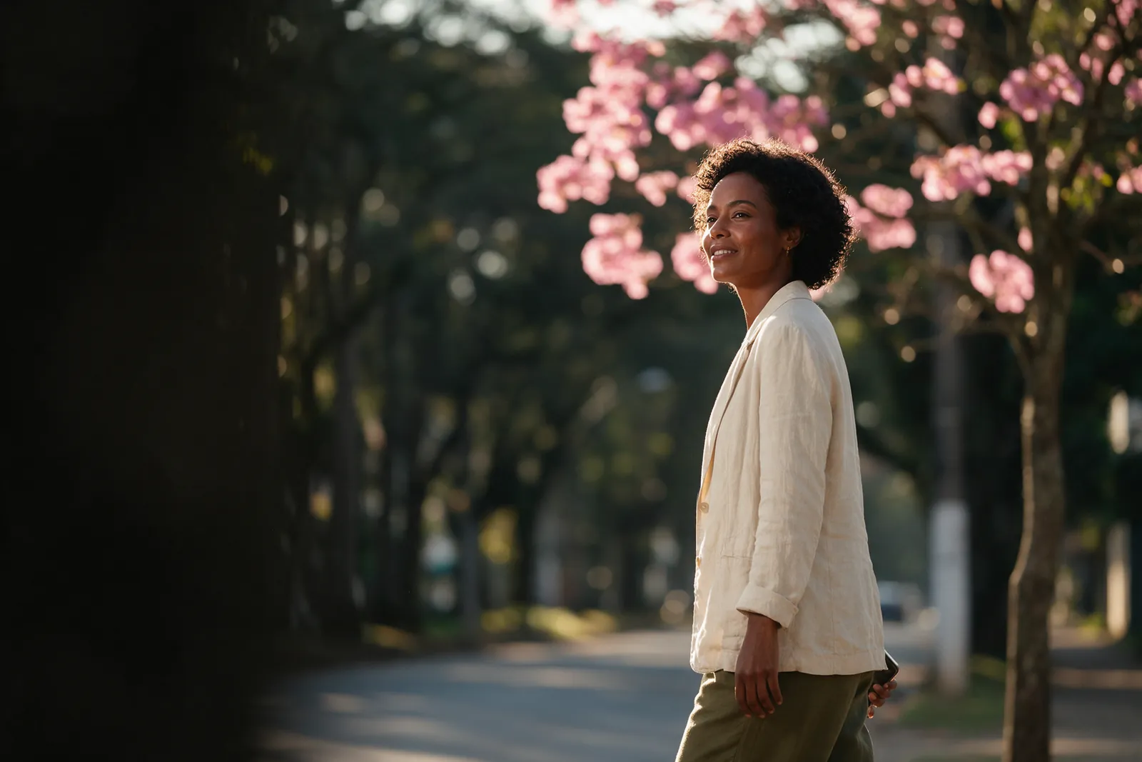 Mulher de cerca de 35 anos caminha sem pressa e sorri numa avenida arborizada com ipês, na luz dourada do fim da tarde