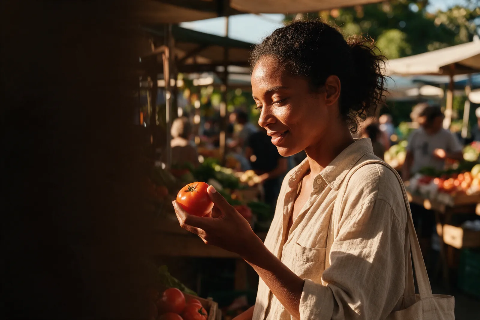 Mulher de cerca de 33 anos escolhe um tomate numa feira de manhã, com uma sacola de pano no ombro e um meio sorriso